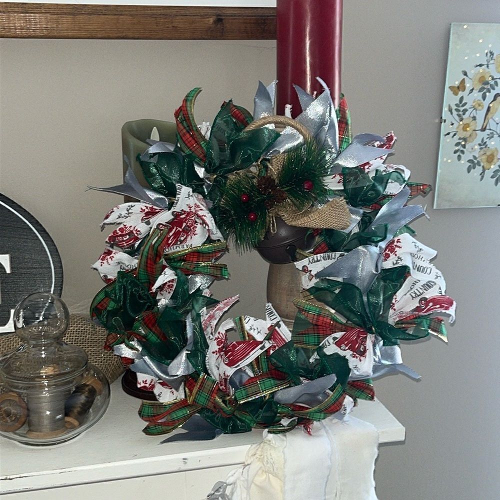 Handmade Red Green Holiday Christmas Ribbon Twine Wreath Made on 12” Wreath Ring